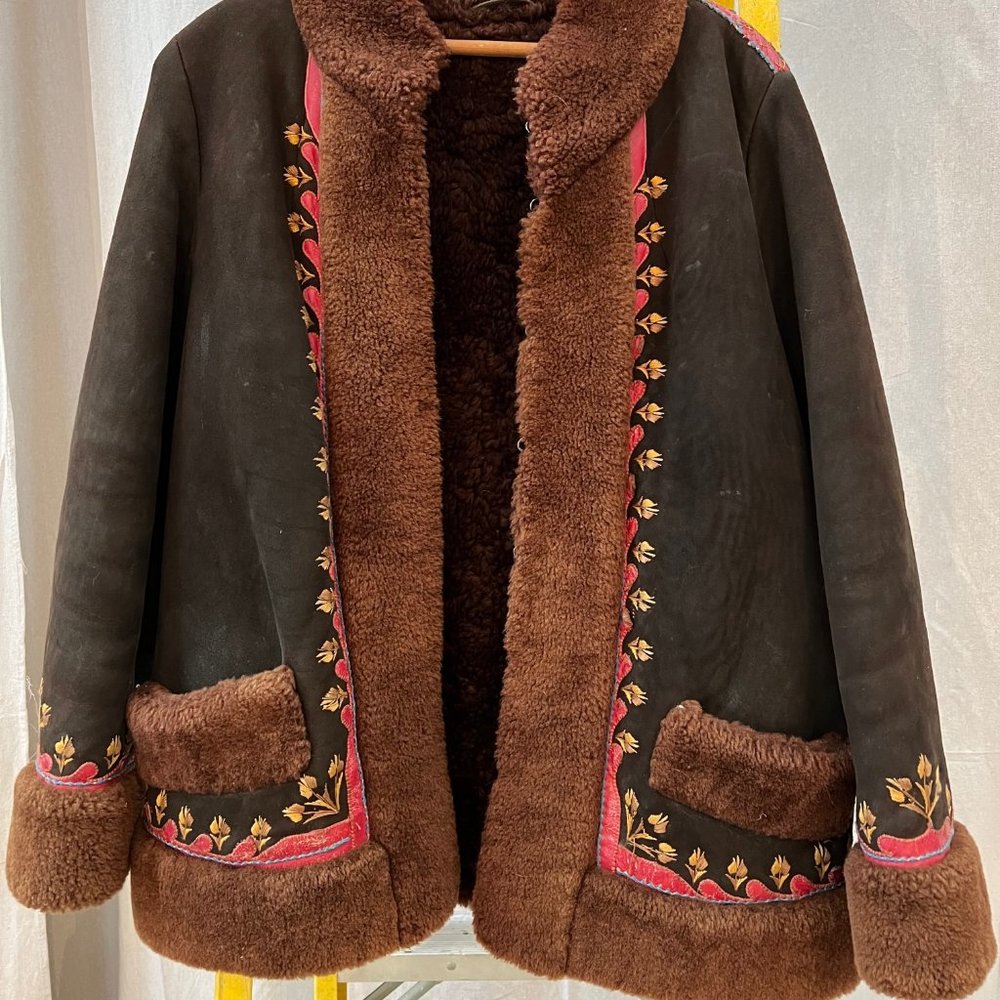 Vintage Russian Shearling short coat with embroidery.